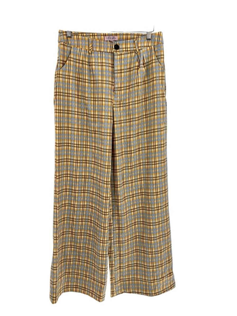 VRG GIRL Women's Yellow Brown Plaid Pleated Wide Leg Pants NWT Size 12